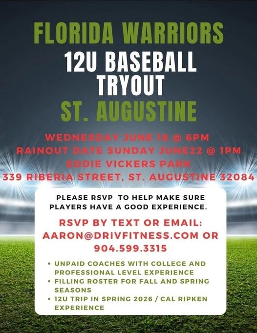 Florida Warriors 12U baseball tryout flyer