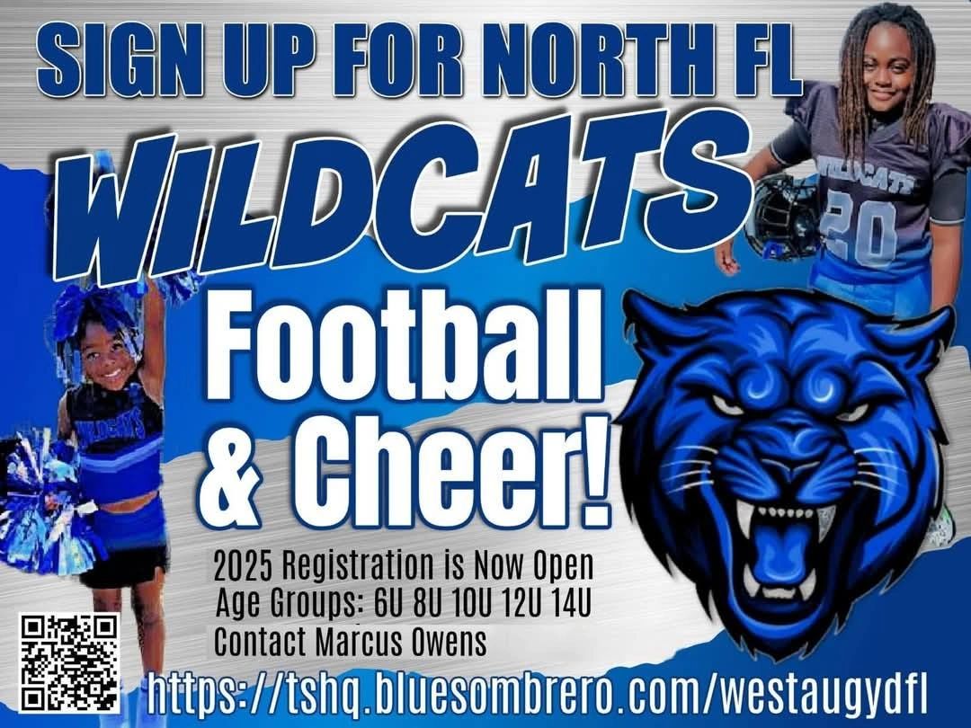 Sign up for North FL Wildcats Football and Cheer — 2025 registration flyer